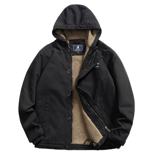 Herren Baumwoll-Canvas Kapuzenblouson mit durchgehendem Teddyfutter, verdeckter Knopf- und Reißverschlussleiste und Innentasche – Taviero