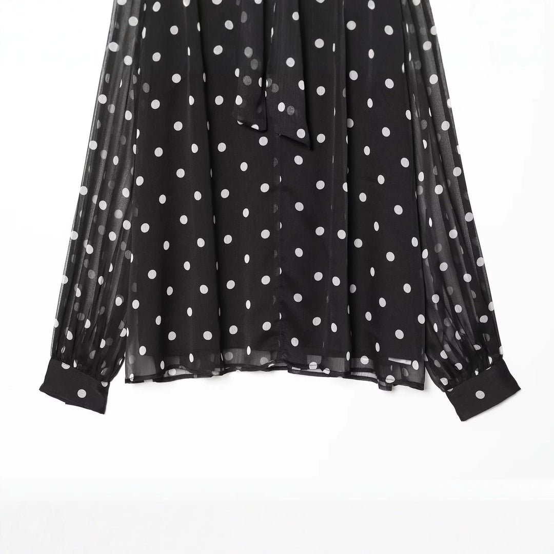 Damen Chiffonbluse mit Polka-Dot, Schleifenbindekragen und transparenten Ballonärmeln Echo Archiv