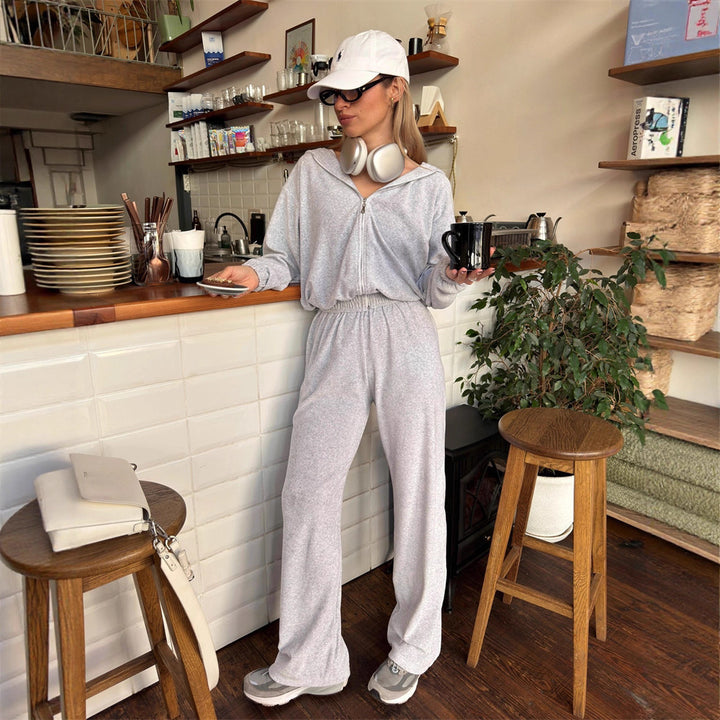 Damen Gekürztes Kapuzen-Loungewear-Set aus weichem Sweatstoff mit elastischem Bund und Relax-Fit-Hose – Auréline