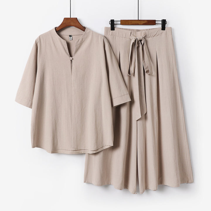 Damen Lässiges Leinen-Viskose Lounge-Set mit Stehkragen-Oberteil und weiten Palazzo-Hose Echoarchiv