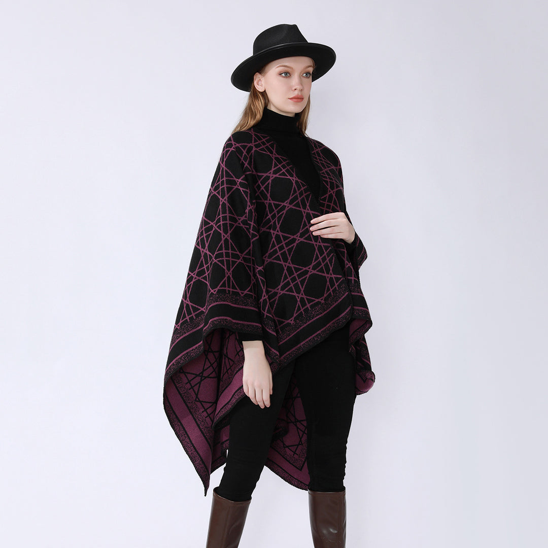 Damen Wendbarer Jacquard-Capeponcho mit geometrischem Allovermuster und offenem Kimono-Fall – Célinea