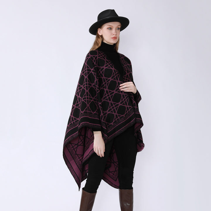 Damen Wendbarer Jacquard-Capeponcho mit geometrischem Allovermuster und offenem Kimono-Fall – Célinea