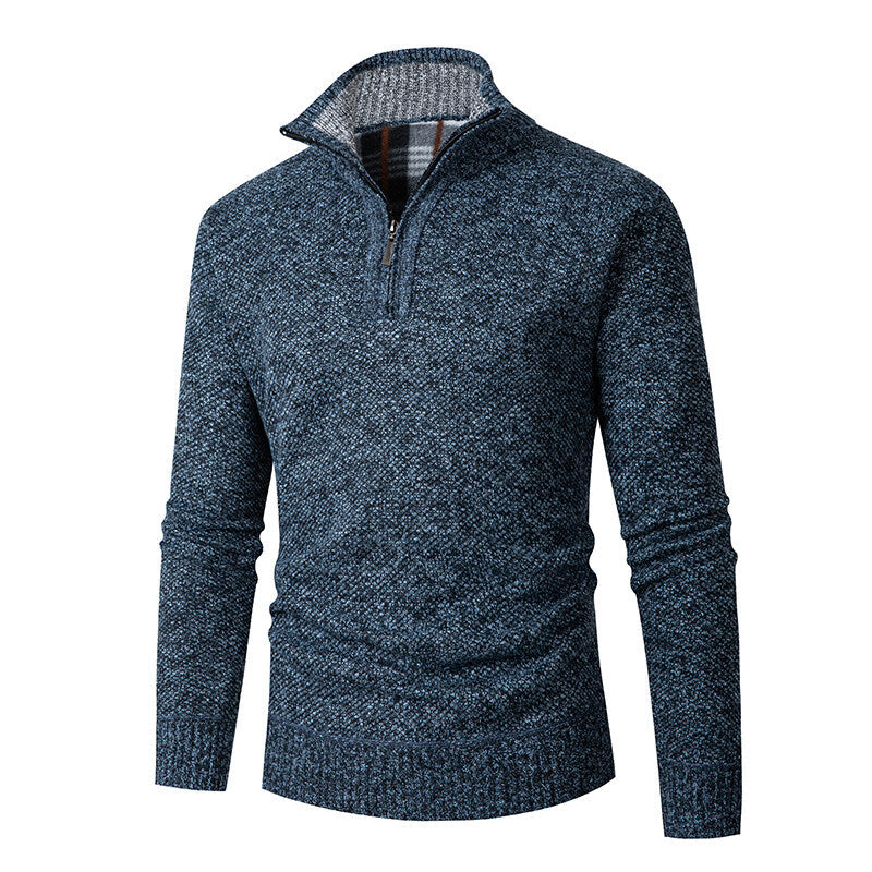 Herren nan grobgestrickter Halfzip-Pullover mit Stehkragen und karierter Krageninnenseite Echo Archiv