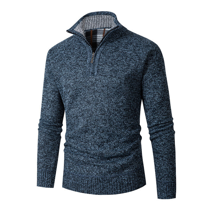 Herren nan grobgestrickter Halfzip-Pullover mit Stehkragen und karierter Krageninnenseite Echo Archiv
