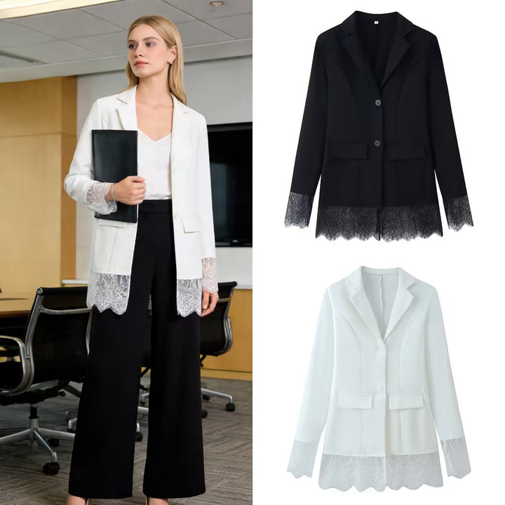 Damen Taillierter Einreihiger Blazer mit Spitzensaum und Spitzenmanschetten Echo Archiv