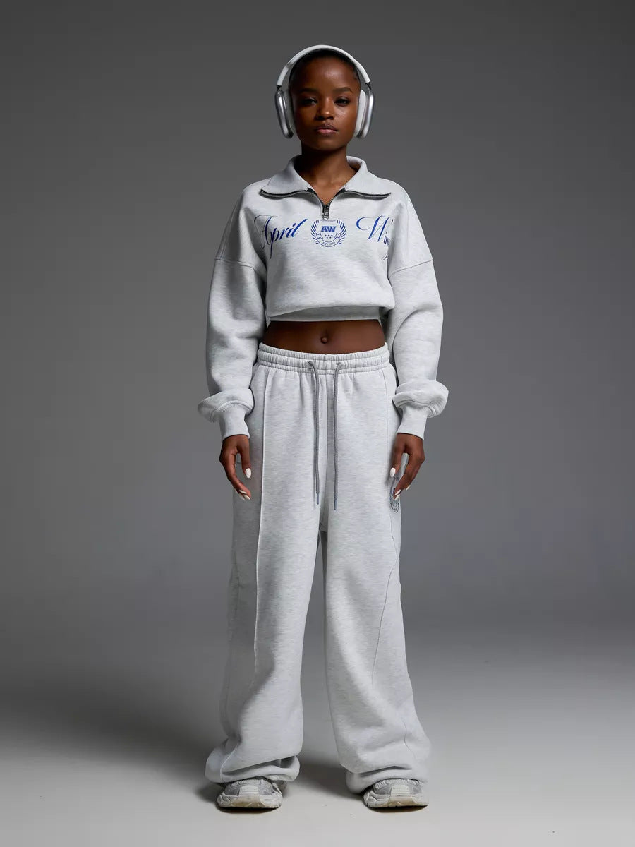 Damen Cropped Halbzip-Sweatshirt mit weitem High‑Waist Loungehose Set – Avérine