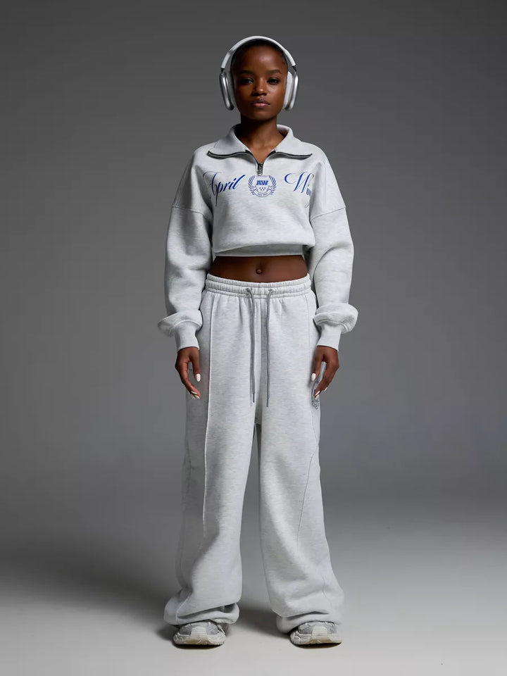 Damen Cropped Halbzip-Sweatshirt mit weitem High‑Waist Loungehose Set – Avérine