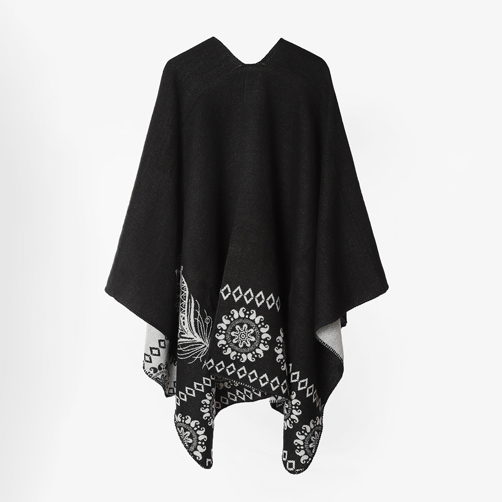 Damen Poncho‑Cape mit zweifarbiger Webstruktur, floralem Medaillon‑Jacquard und offener Front – Avérine