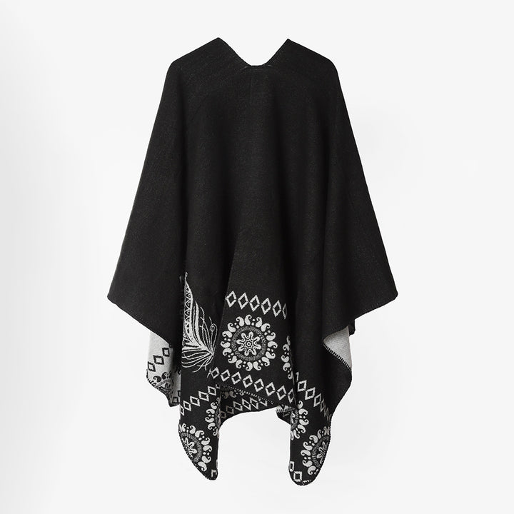 Damen Poncho‑Cape mit zweifarbiger Webstruktur, floralem Medaillon‑Jacquard und offener Front – Avérine