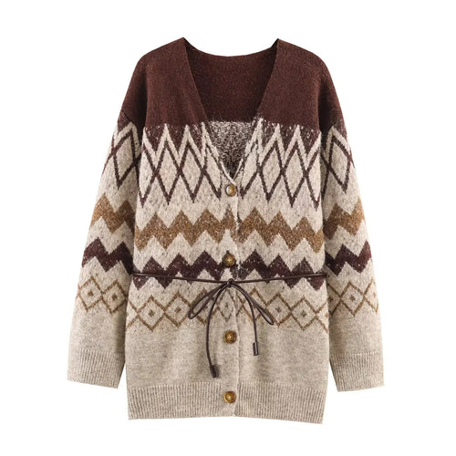 Damen Oversize Strickcardigan mit Norweger‑Muster, V‑Ausschnitt, Knopfleiste und Taillenbindegürtel – Veloura