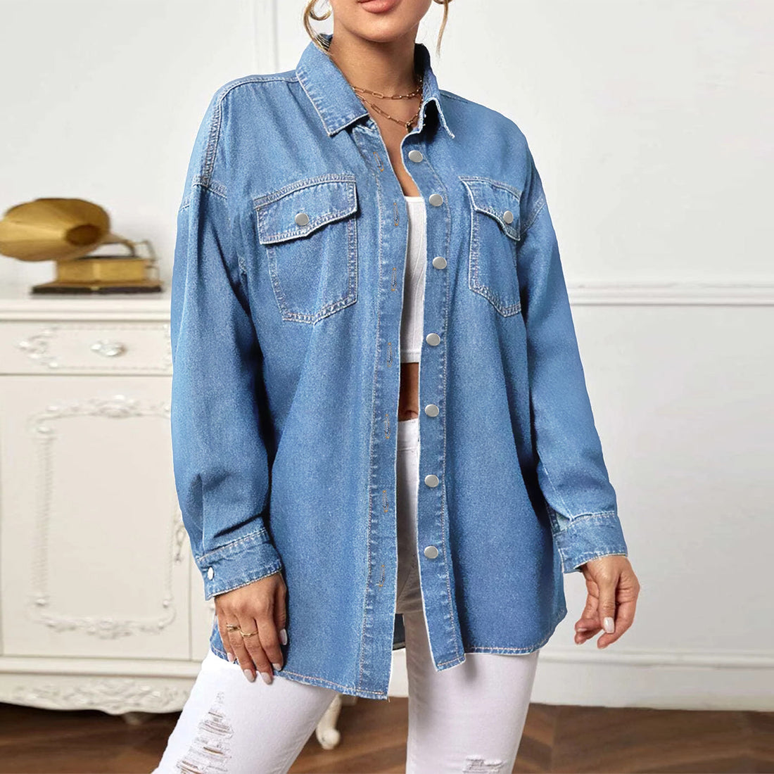 Damen Oversize-Denim-Hemdjacke mit Pattentaschen Echo Archiv