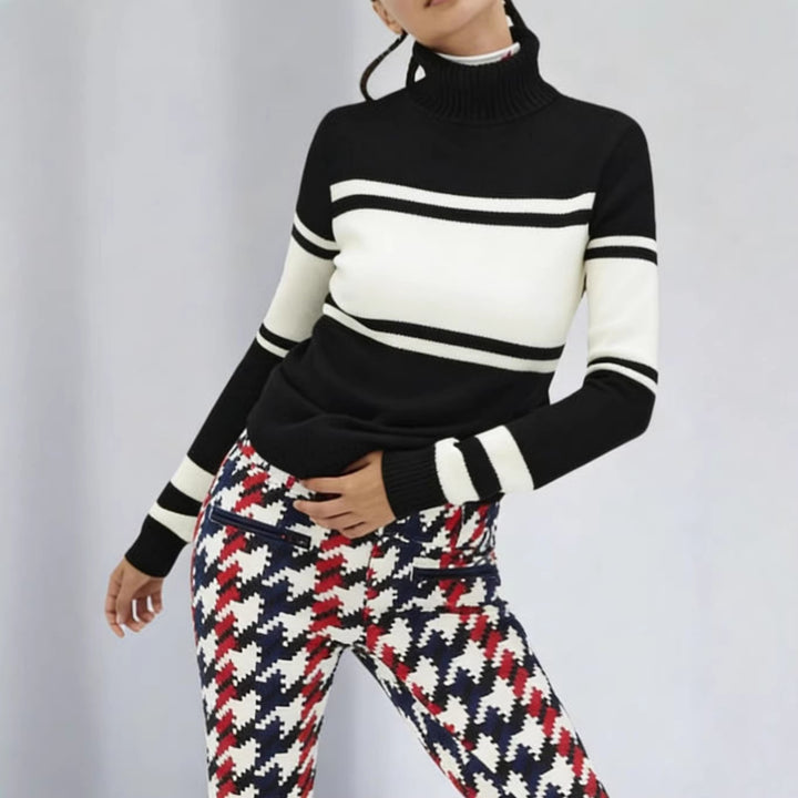 Damen langes Rollkragen Strickkleid mit Sternmotiv, Blockstreifen und elastischem Rippbündchen – Mavelle
