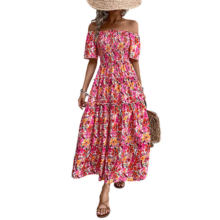Damen Stufiges Maxikleid mit Carmen‑Ausschnitt, Smok‑Bustier und Seitenschlitz Echoarchiv