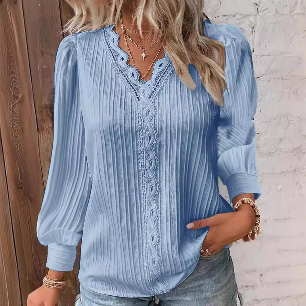 Damen nan romantische V-Ausschnitt Spitzenbluse mit Plissee und Puffärmeln Echo Archiv