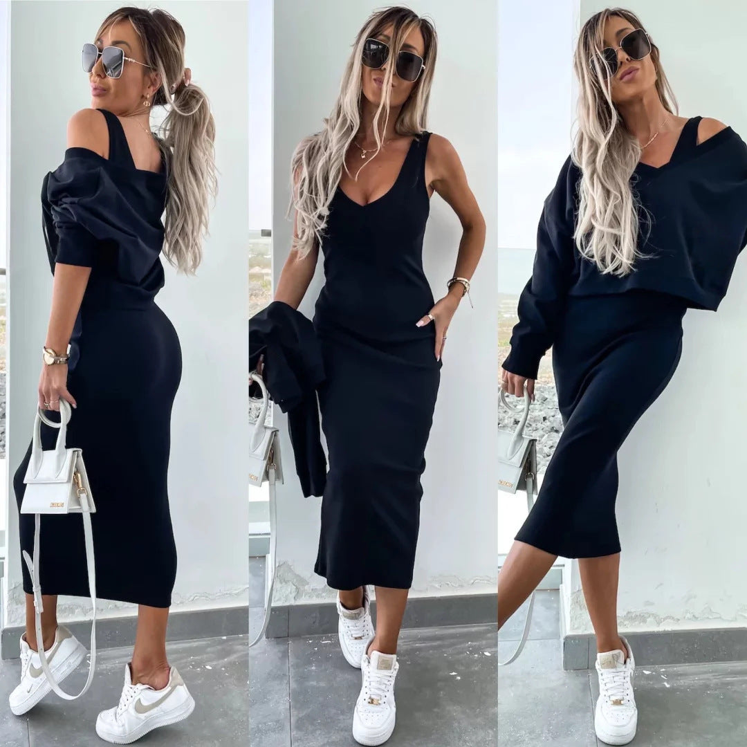 Damen nan zweiteiliges Midirock-Set mit off-shoulder Oversize-Sweatshirt und figurbetontem Bleistiftrock Echo Archiv