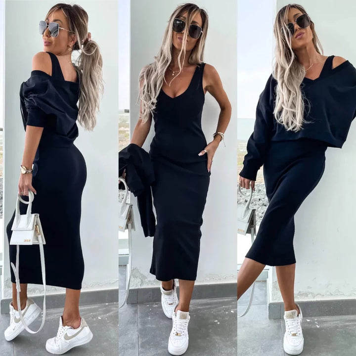 Damen nan zweiteiliges Midirock-Set mit off-shoulder Oversize-Sweatshirt und figurbetontem Bleistiftrock Echo Archiv