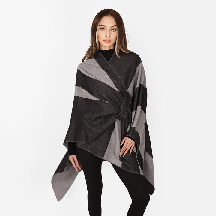 Damen Wickel‑Cape mit breitem Streifenmuster und Bindegürtel – Avérine