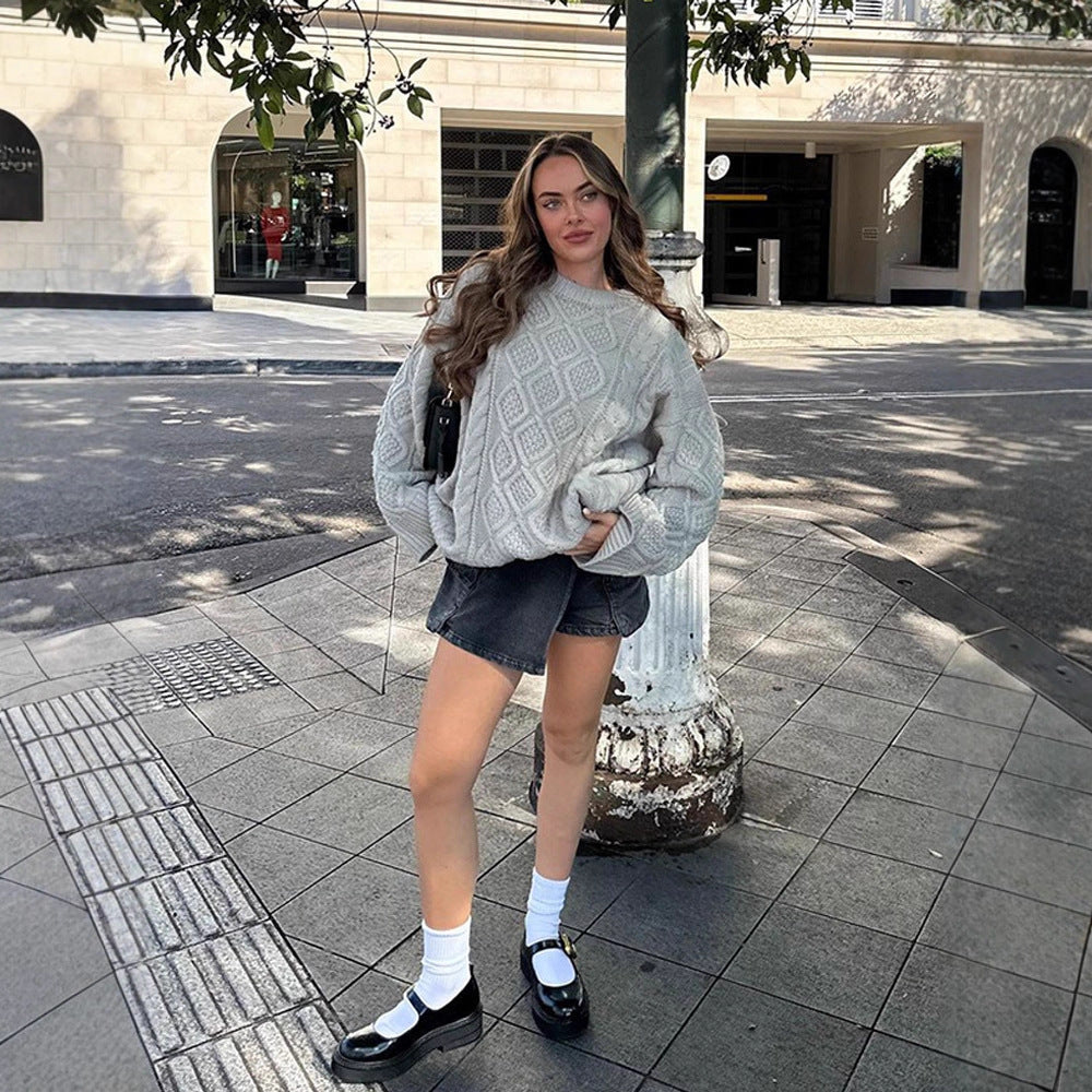Damen Oversize Strickpullover mit Zopfmuster und Rippbündchen Echoarchiv
