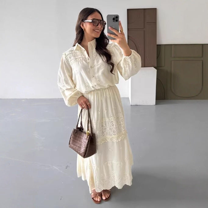 Damen Boho‑Maxikleid mit Stickereien, Spitzenbesatz, elastischer Taille und Hemdkragen Echo Archiv