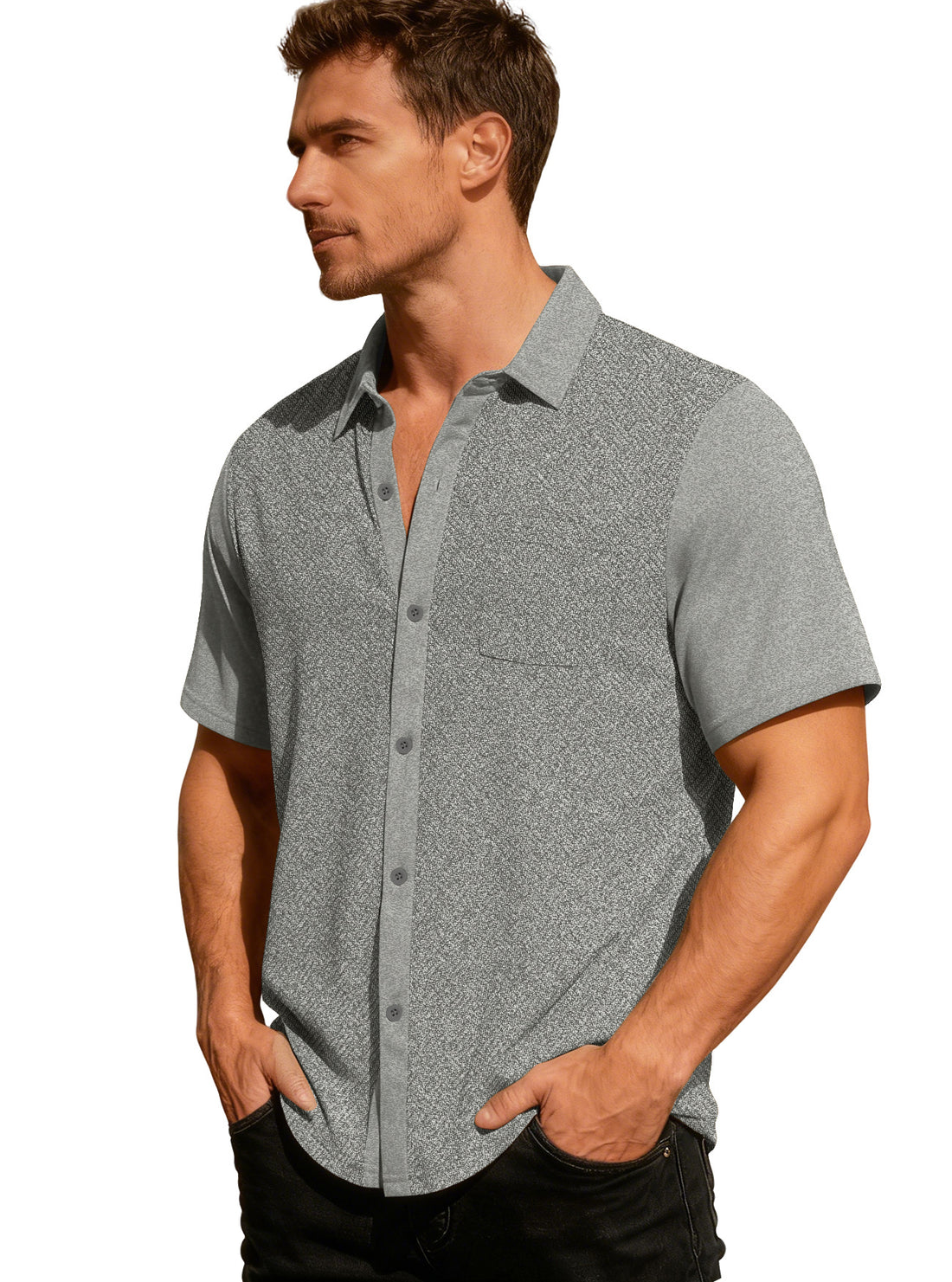Herren legeres Kurzarmhemd mit Jacquardstruktur, kontrastierter Knopfleiste und Brusttasche – Arvello