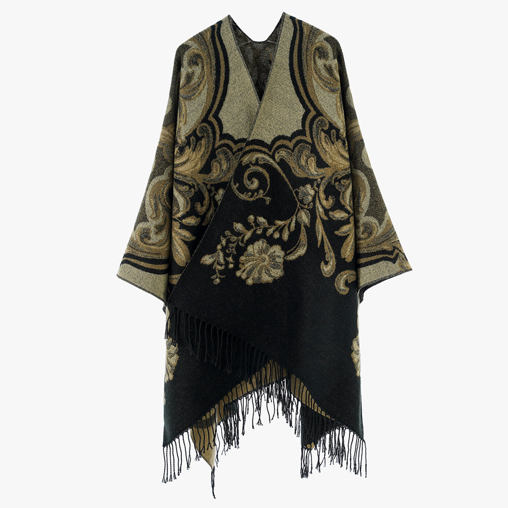 Damen Barock‑Jacquard Cape mit asymmetrischem Zipfelsaum und Fransen – Avérine