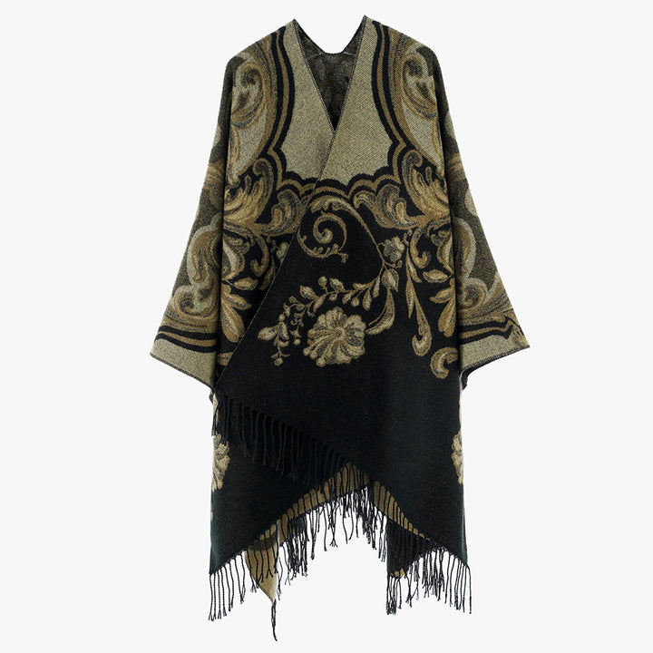 Damen Barock‑Jacquard Cape mit asymmetrischem Zipfelsaum und Fransen – Avérine