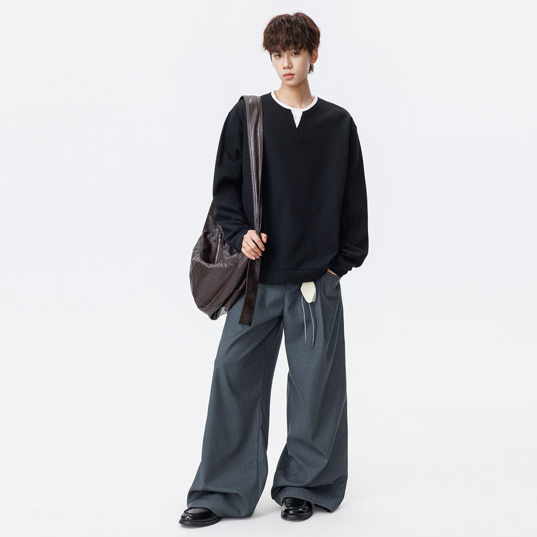 Herren Oversize Waffelstruktur-Langarmshirt mit V‑Einsatz und Layering-Optik Echo Archiv