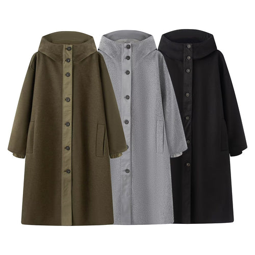 Damen Oversize Wollähnlicher Mantel mit Kapuze und Knopfleiste Echo Archiv