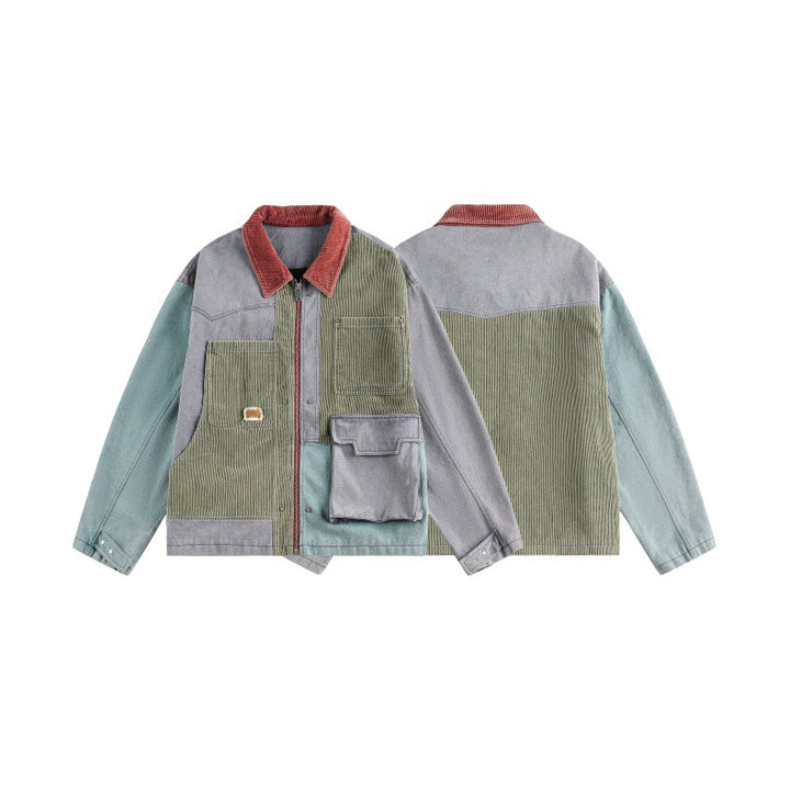 Unisex Boxy‑Patchwork‑Cordjacke mit kontrastierendem Kragen und Multifunktionstaschen Echoarchiv