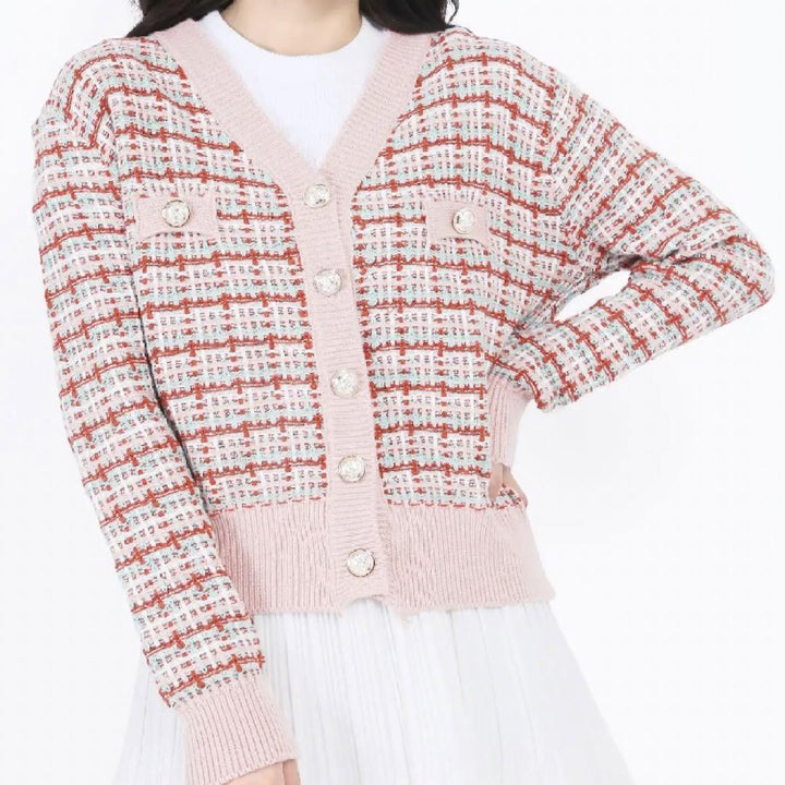 Damen Tweed-Strickcardigan mit V-Ausschnitt und Zierknopfleiste – Veloura