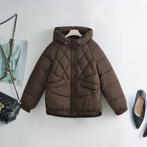 Damen gesteppte Kapuzen-Kurzjacke mit Karree-Steppung, geripptem Saum und verdeckter Druckknopfleiste – Célinea
