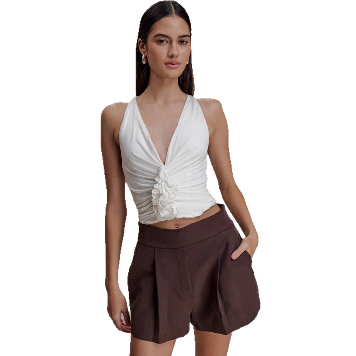 Damen Raffiniertes Top mit tiefem V-Ausschnitt und femininem Rüschendetail Echo Archiv