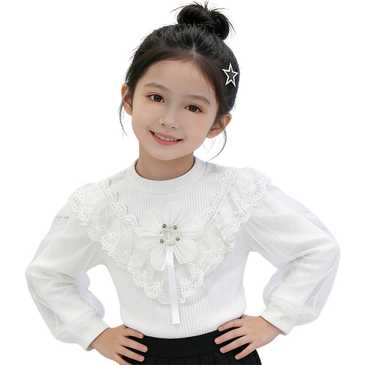 Mädchen elegante Bluse mit floralen Applikationen und transparenter Spitze Echo Archiv