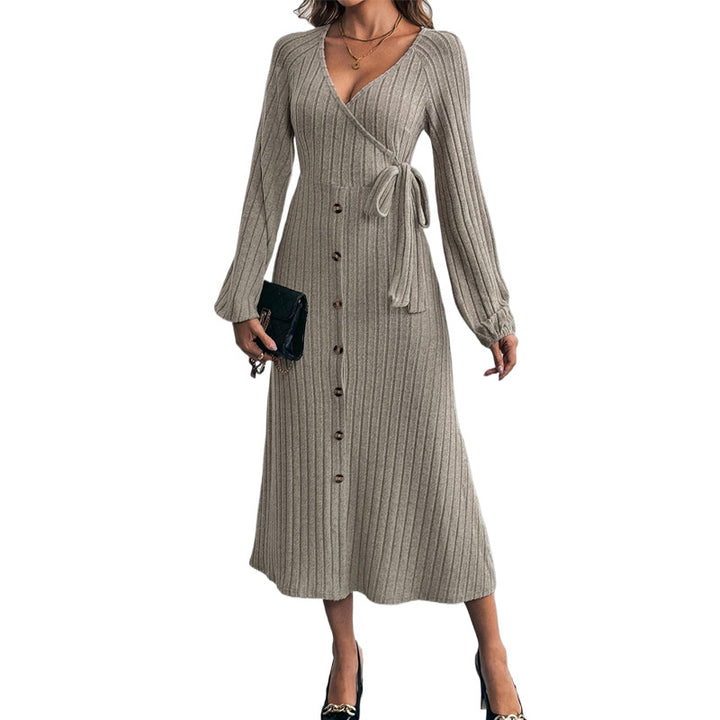 Damen Geripptes Wickel-Midikleid mit V-Ausschnitt, Ballonärmeln & Knopfleiste Echoarchiv