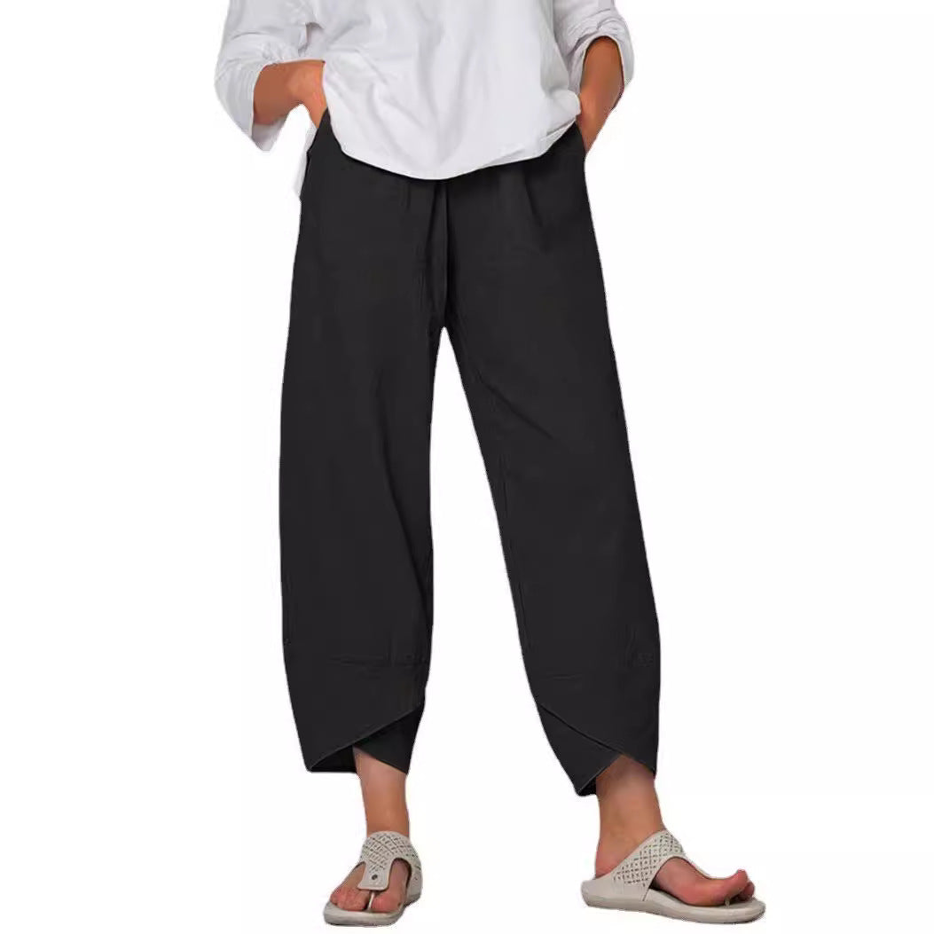 Damen nan lockere Leinenhose mit hohem Bund, Tulpen-Saum und seitlichen Eingrifftaschen Echo Archiv