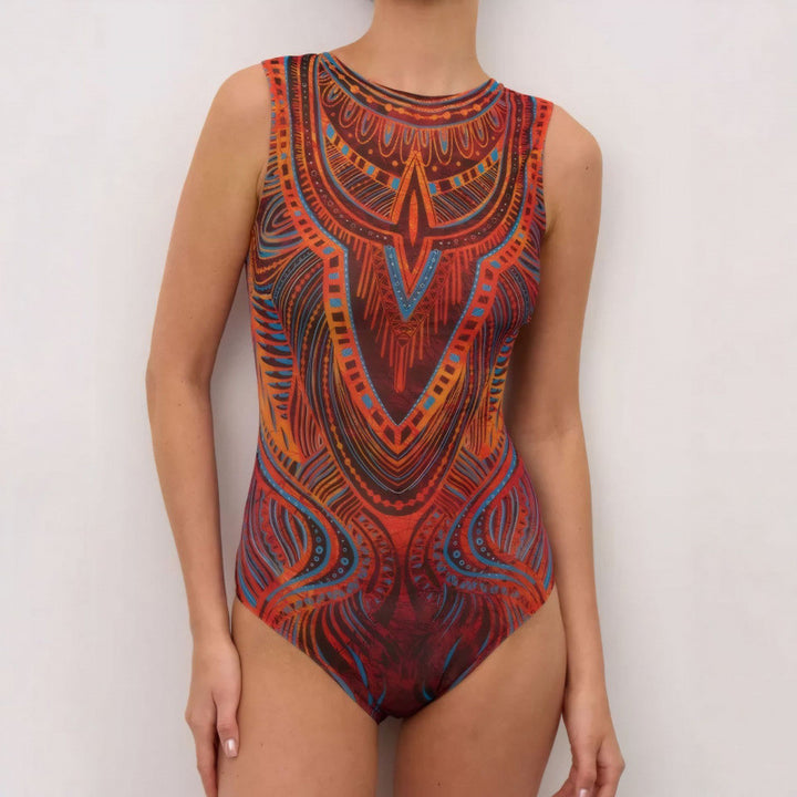 Damen Sportbadeanzug mit modernem Grafikdesign und hohem Neck Echo Archiv