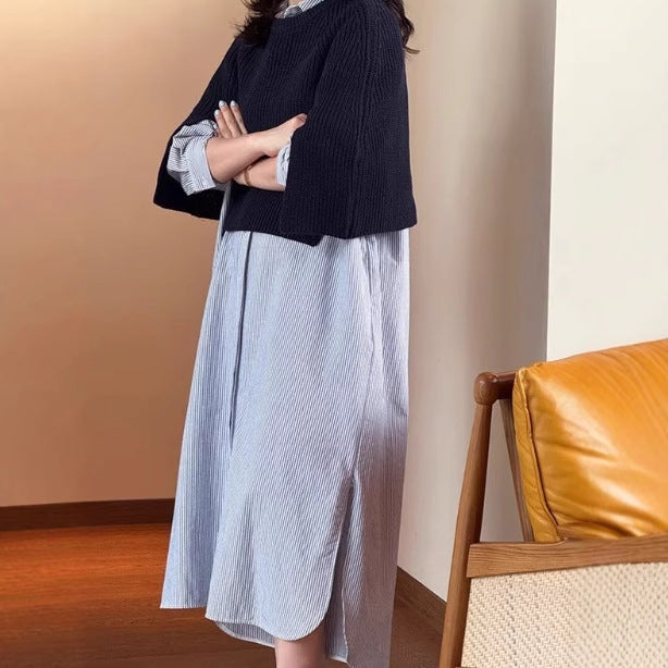 Damen Langes Hemdblusenkleid aus Popeline mit feiner Streifenstruktur, Kordel‑Taille und Seitenschlitzen – Élara