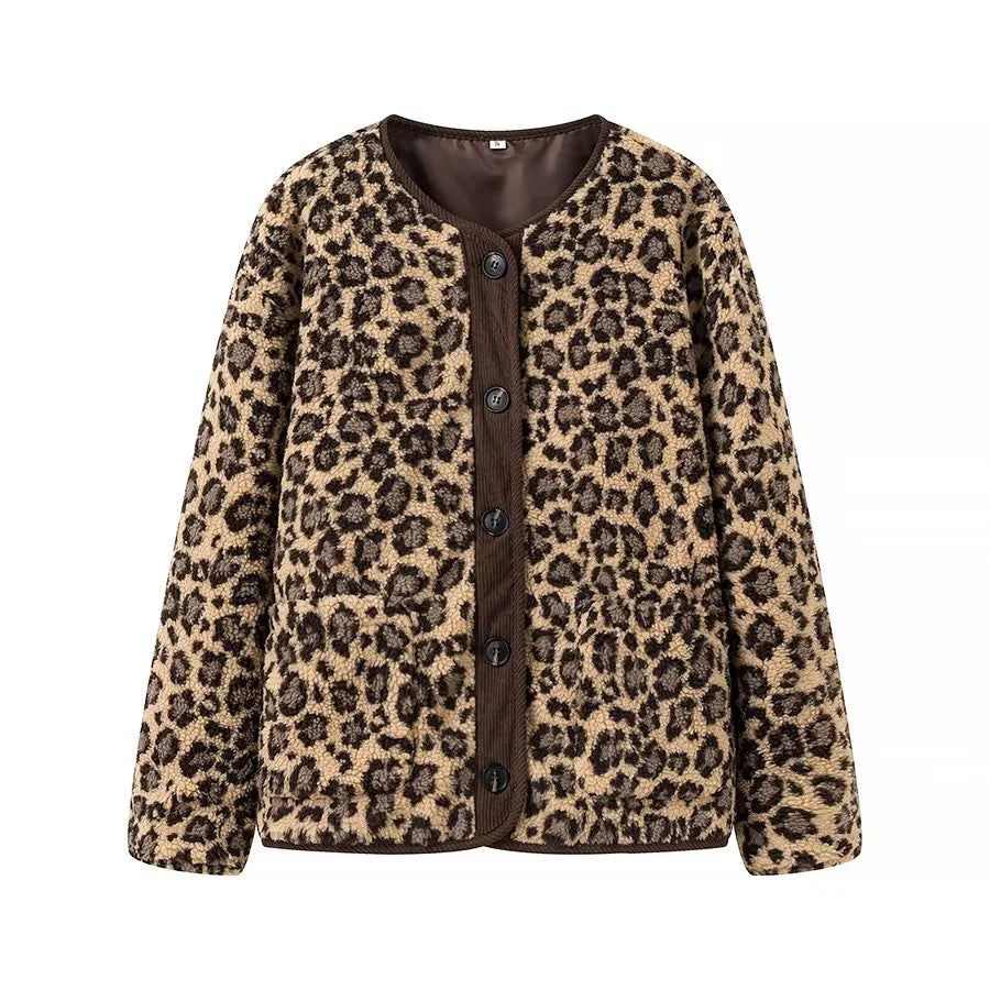 Damen Teddyjacke mit Leopardenmuster Knopfverschluss und Kordbesatz – Célinea