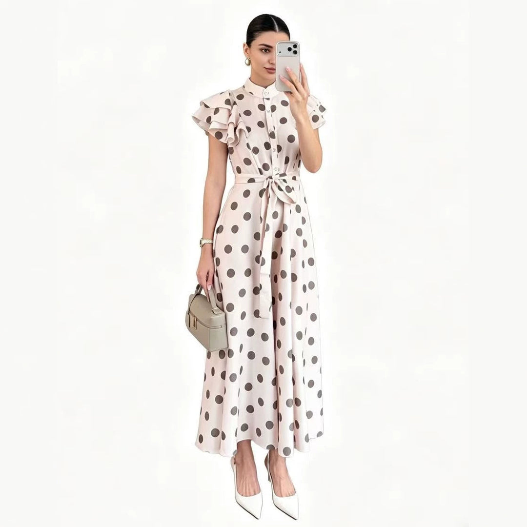 Damen Gepunktetes Maxikleid mit Stehkragen, Volantärmeln und Bindegürtel – Valéora