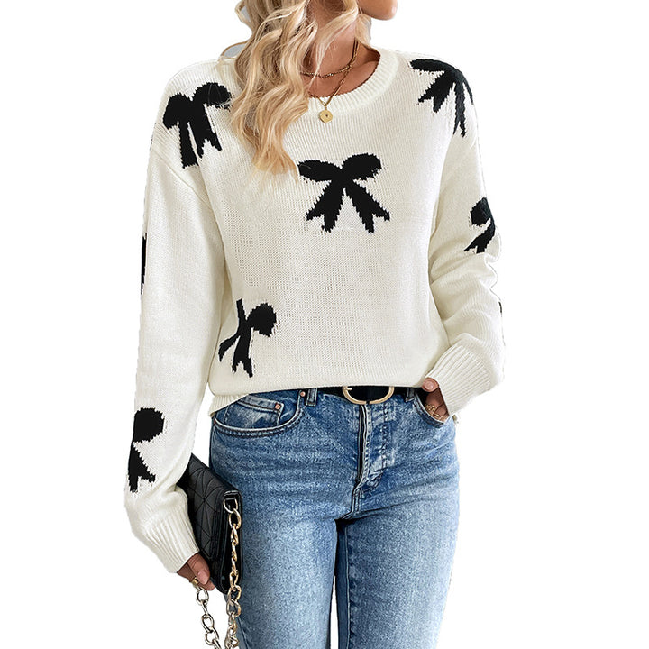 Damen Feinstrick-Pullover mit Schleifen-Jacquard, Rundhalsausschnitt und gerippten Bündchen – Mavelle