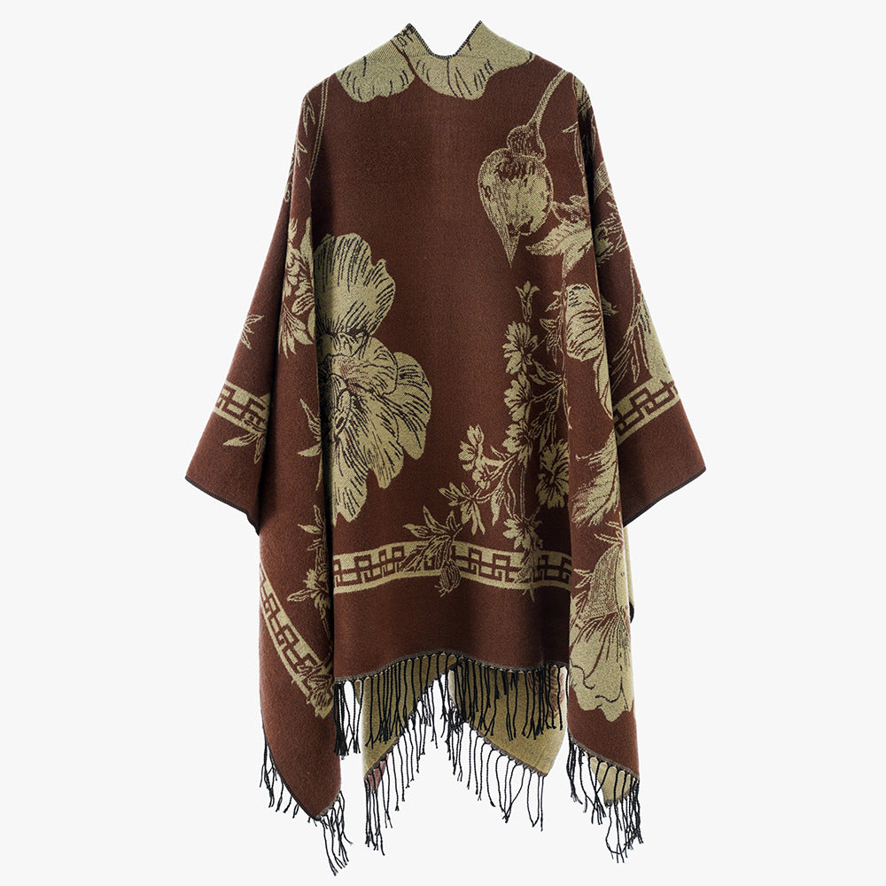 Damen Rechteckiger Jacquard-Überwurf mit floralem Allovermotiv und Fransensaum – Avérine