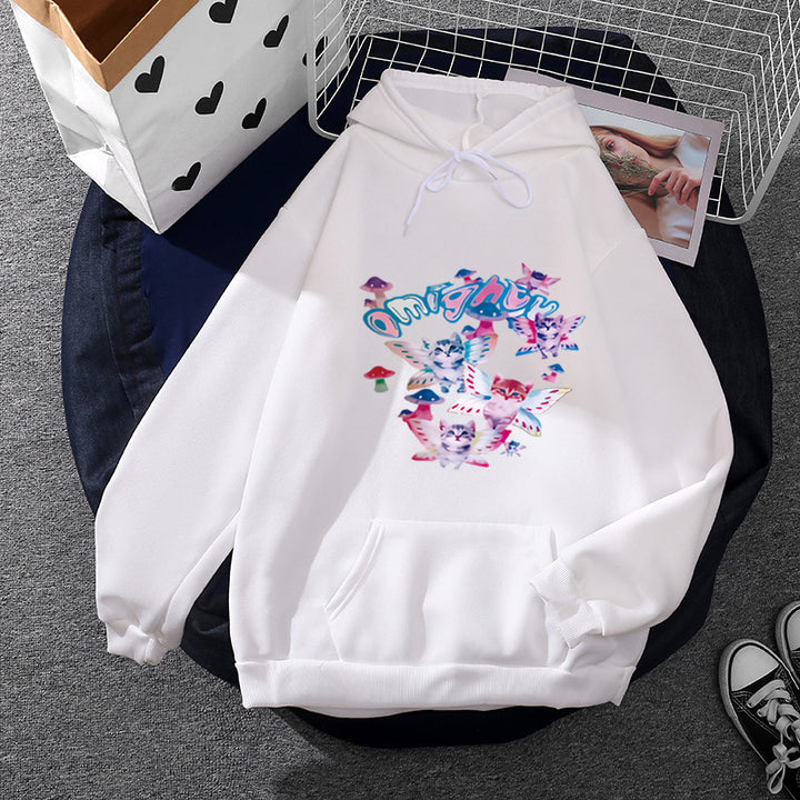 Damen Kapuzenpullover mit verspieltem Katzen‑Schmetterlings-Print und Kängurutasche – Auréline