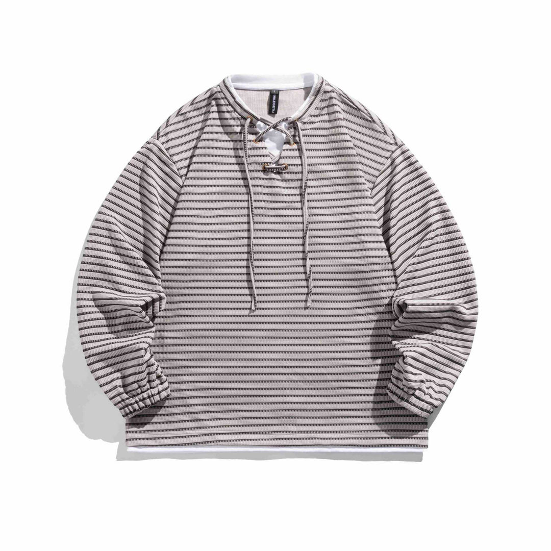 Unisex Gestreifter Waffelstruktur-Pullover mit Schnürverschluss und Raglanärmeln Echoarchiv