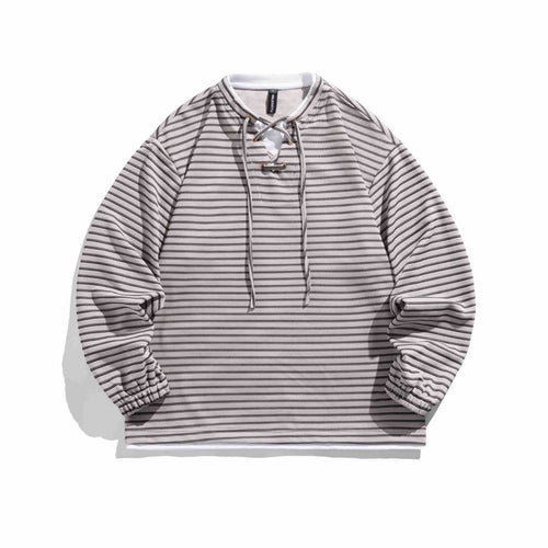 Unisex Gestreifter Waffelstruktur-Pullover mit Schnürverschluss und Raglanärmeln Echoarchiv