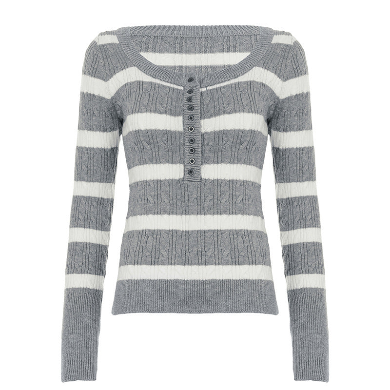 Damen Gestreifter Feinstrick-Pullover mit Zopfmuster und Knopfleiste Echo Archiv