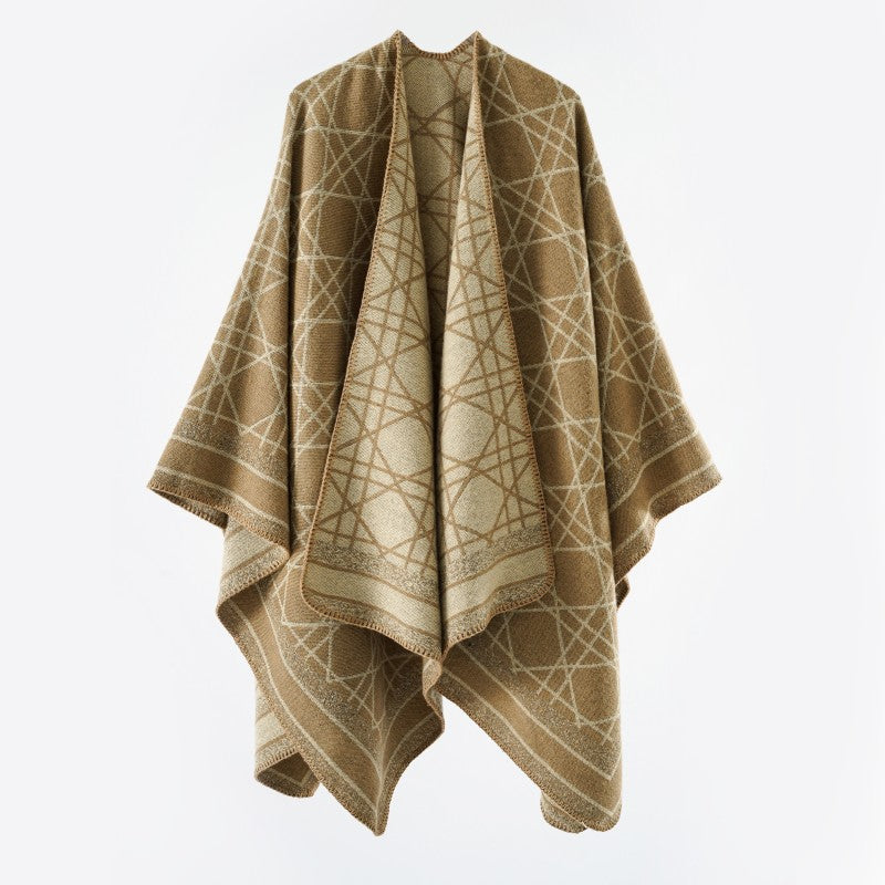 Damen Wendbarer Jacquard-Capeponcho mit geometrischem Allovermuster und offenem Kimono-Fall – Célinea