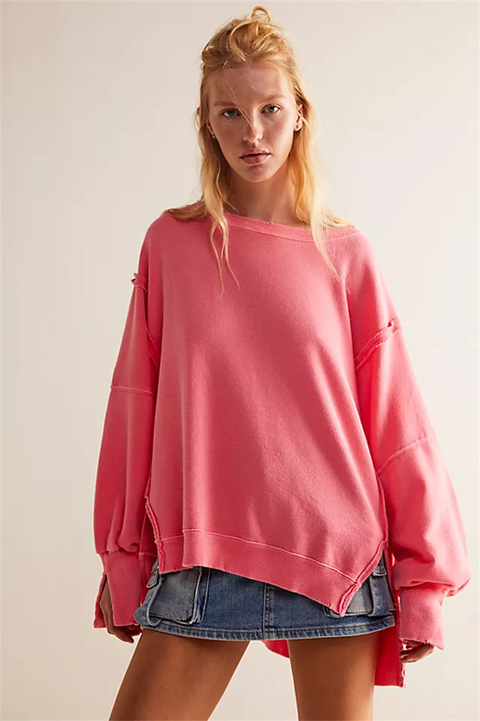 Damen oversized Sweatshirt mit Ballonärmeln, offenen Saumnähten und seitlichen Schlitzen – Avérine