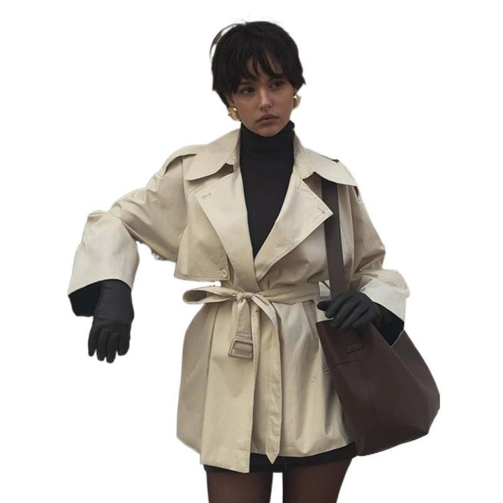 Damen Kurzer Taillierter Trench mit Cape-Überwurf und Bindegürtel Echoarchiv