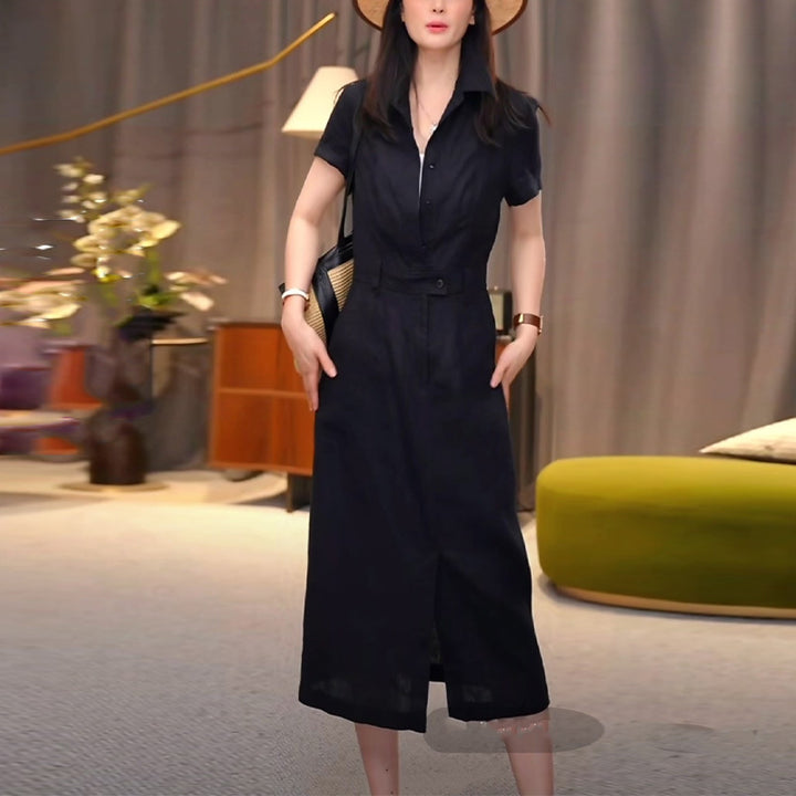 Damen Tailliertes Hemdblusen-Midikleid mit verdeckter Knopfleiste und Taillenpassante Echoarchiv