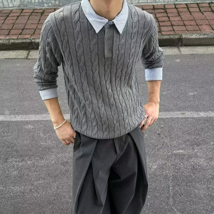 Herren Kabelstrickpullover mit Hemdkragen-Layering-Effekt Echoarchiv